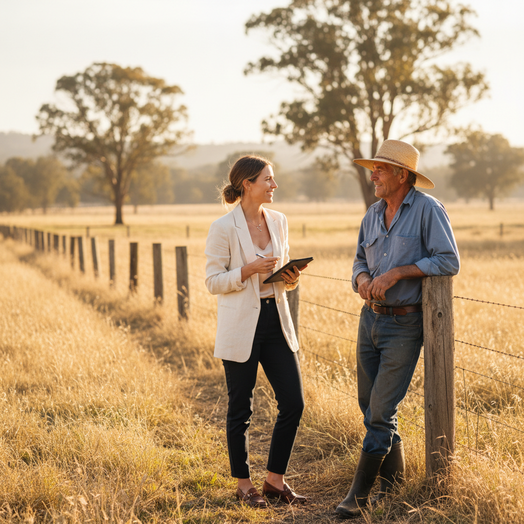 Chamonix Terblanche consulting with an Australian farmer in the field